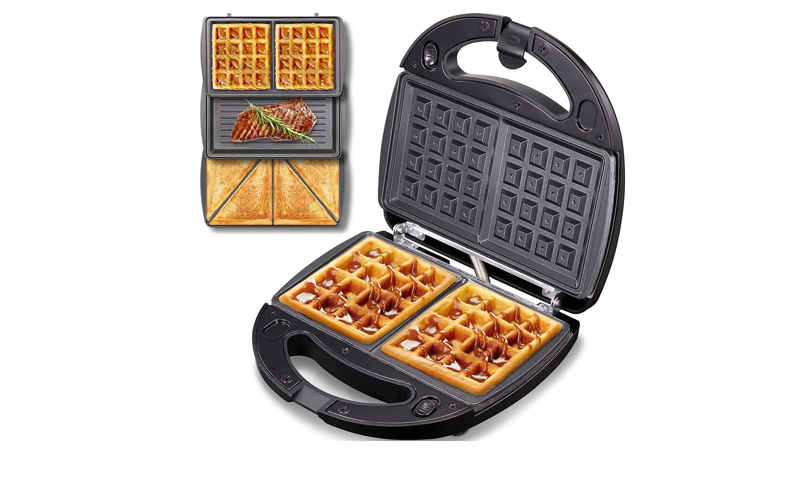 waffles being cooked in the yabano 3-in-1 sandwich maker