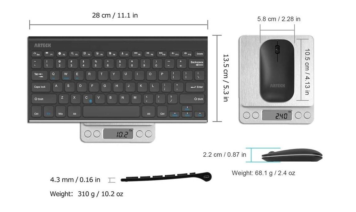 the dimensions and weight of the arteck bluetooth keyboard and mouse