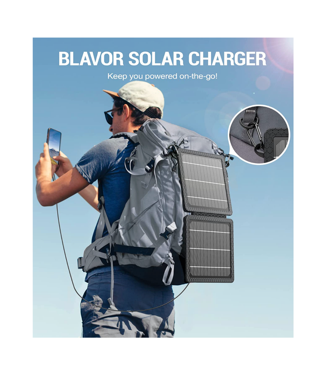 A backpacker with a Blavor 10W Portable Solar Charger attached to his backpack