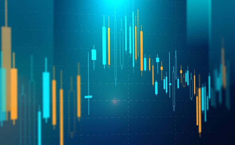 Green and red candle graph on a blue background