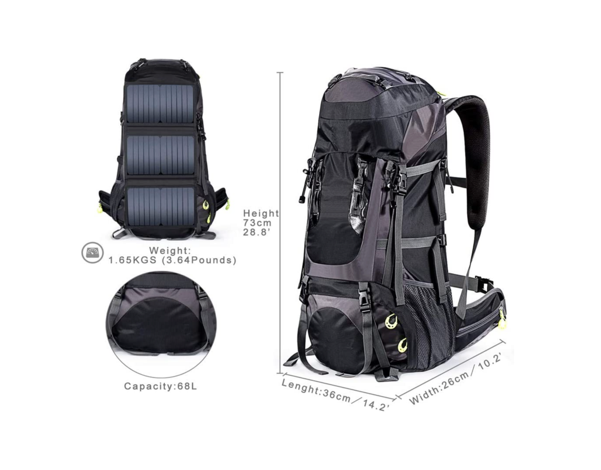 An image showing the dimensions of the ECEEN 20 Watts Solar Powered External Frame Hiking Backpack