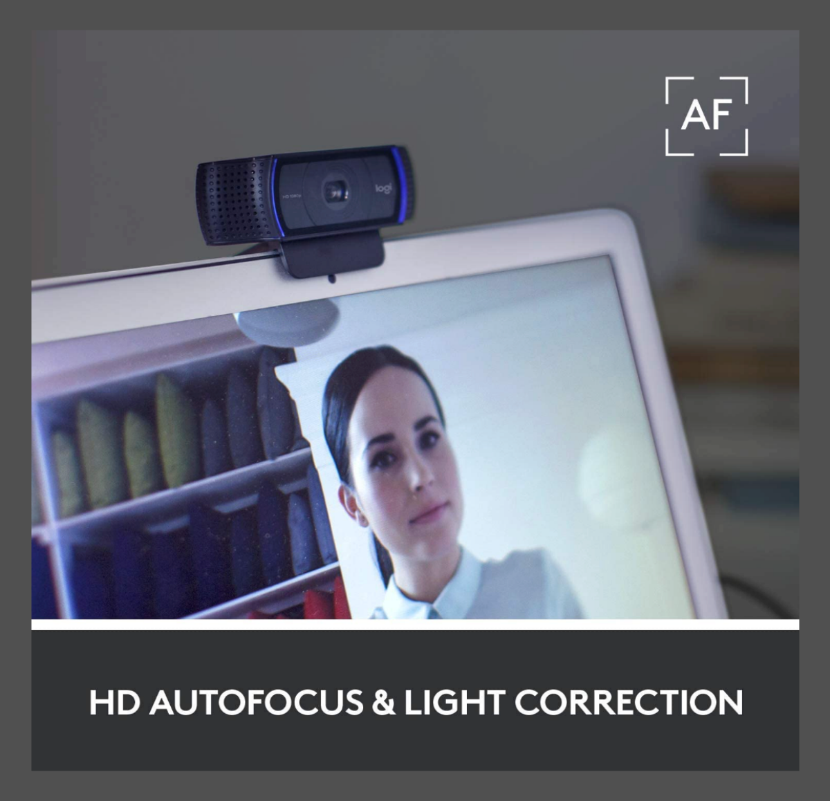 A Logitech C920x HD Pro Webcam features HD autofocus and light correction