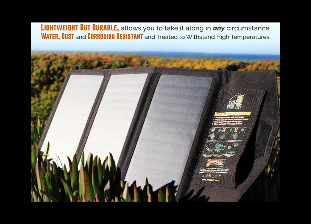 An unfolded Ryno Tuff 21W Portable Solar Charger with information on its durability