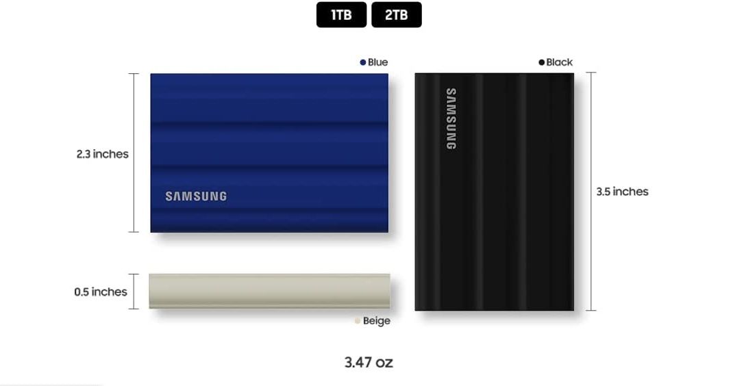 the dimensions of the samsung t7 shield, featured in blue, beige, and black