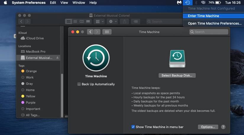 Time Machine window and pop-down menu on Mac
