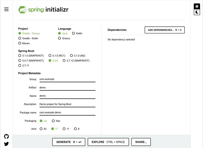 The Spring Initialzr tool, a web-based app presenting a form with options to generate a new Spring project.