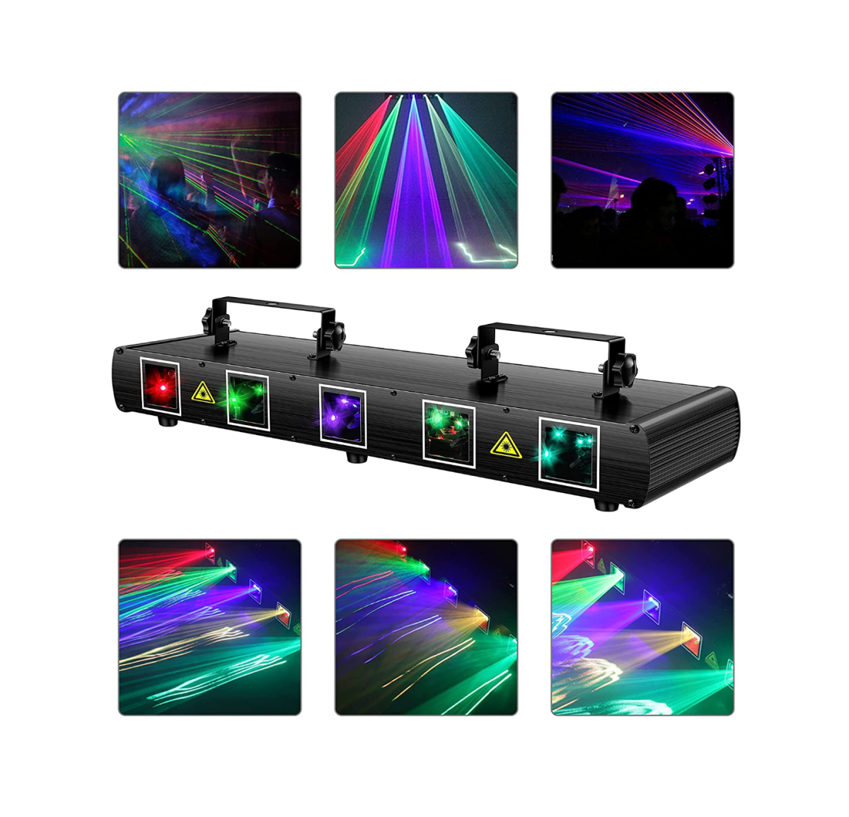 A set of U`King DJ Lights 5-Beam Effect Party Lights and the various effects they produce