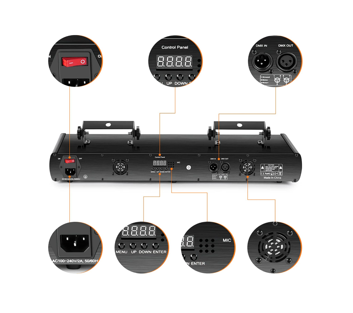 The rear of a set of U`King DJ Lights 5-Beam Effect Party Lights showing the inputs and control panel