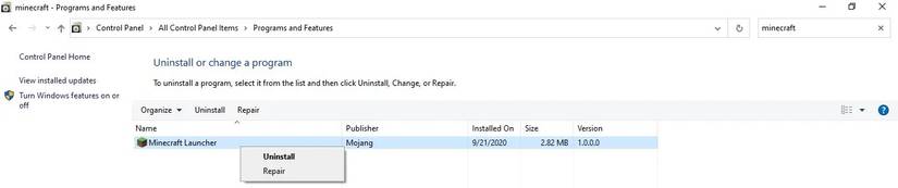 uninstalling minecraft in the control panel