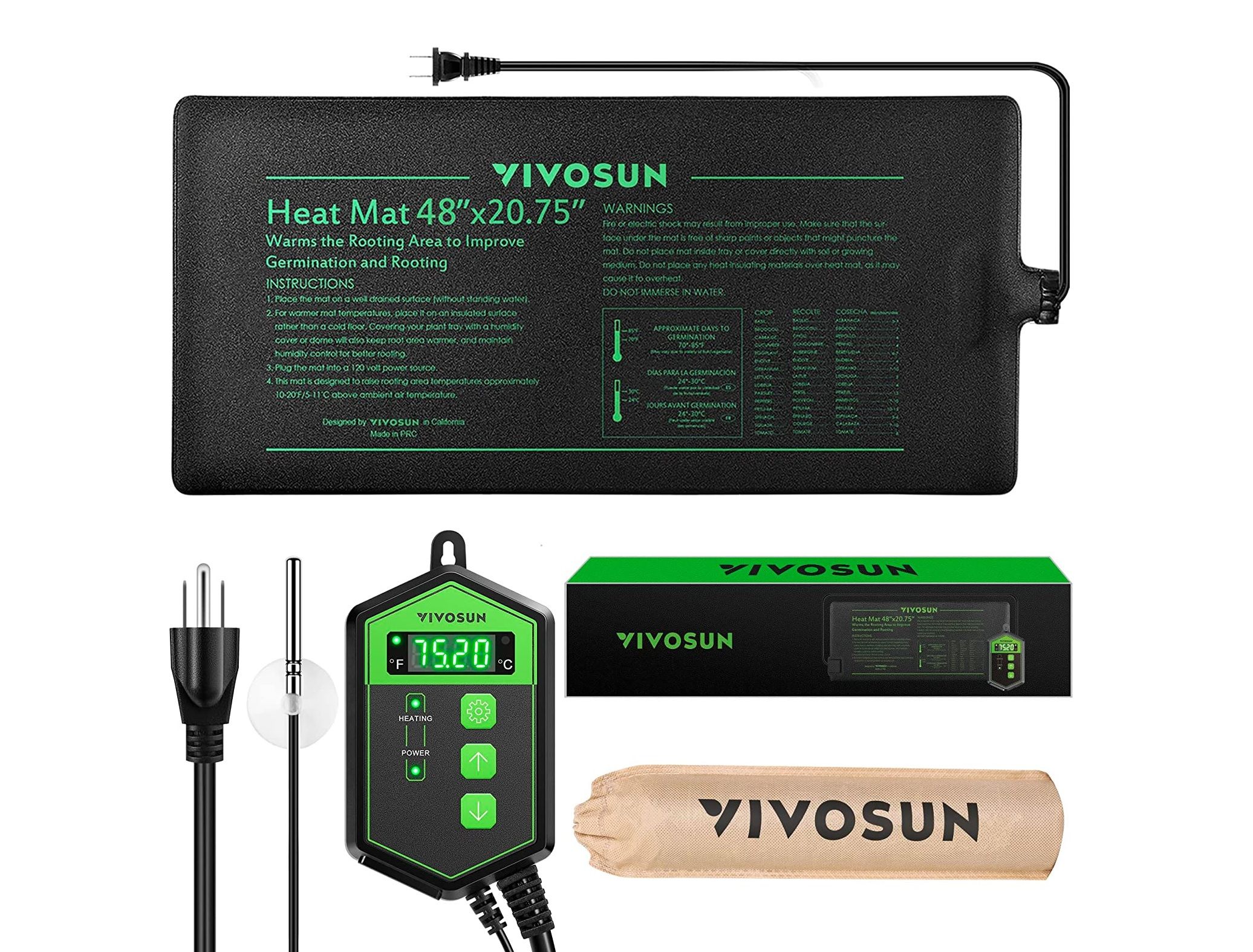 every item included in the vivosun seedling heat mat and thermostat combo set