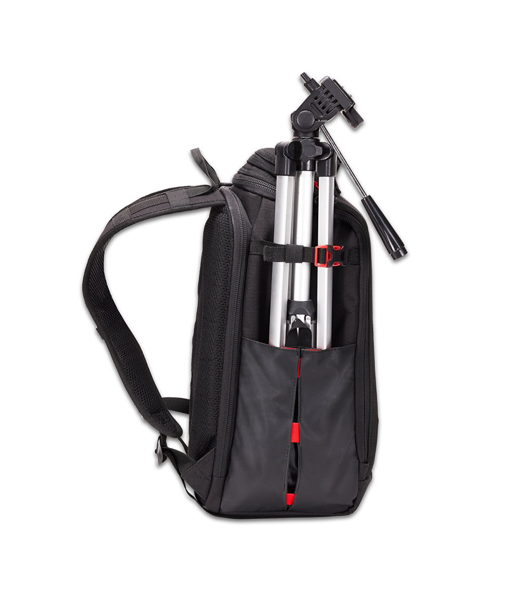 A Voltaic Systems OffGrid Solar Backpack Charger with a camera tripod in the side pocket