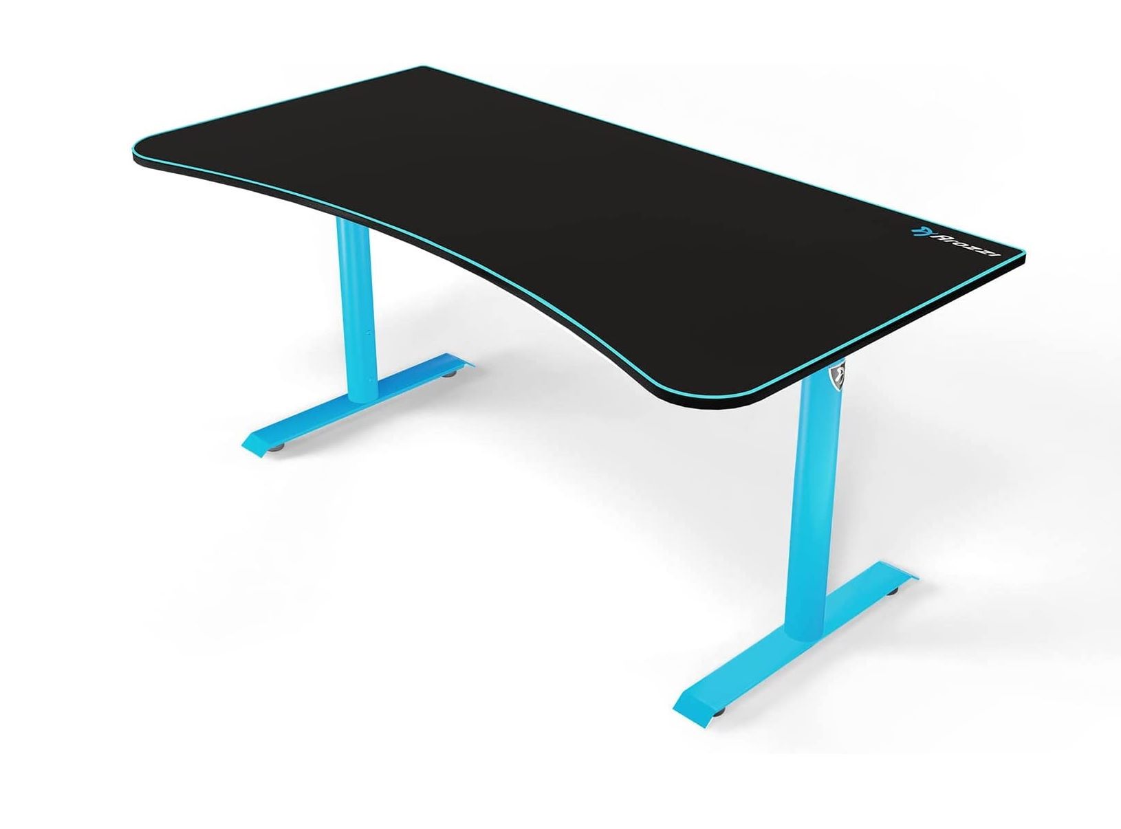 arozzi arena ultrawide curved desk with a black and blue finish