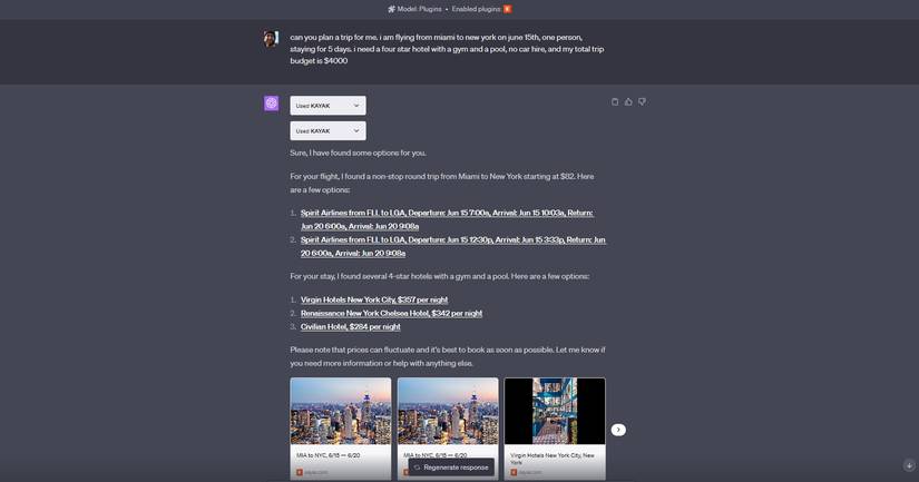 chatgpt kayak plugin plans trip to new york