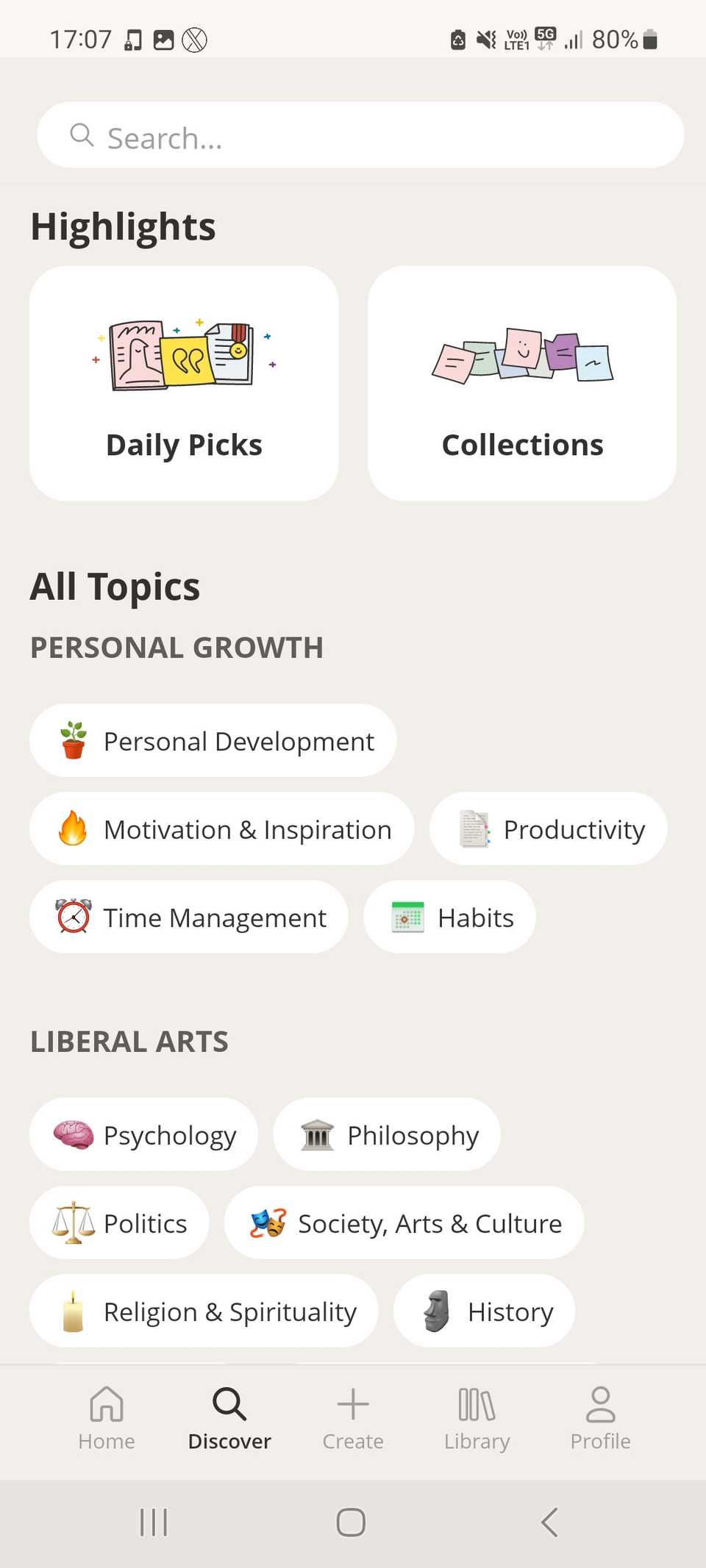 Deepstash Discover tab showing range of topics