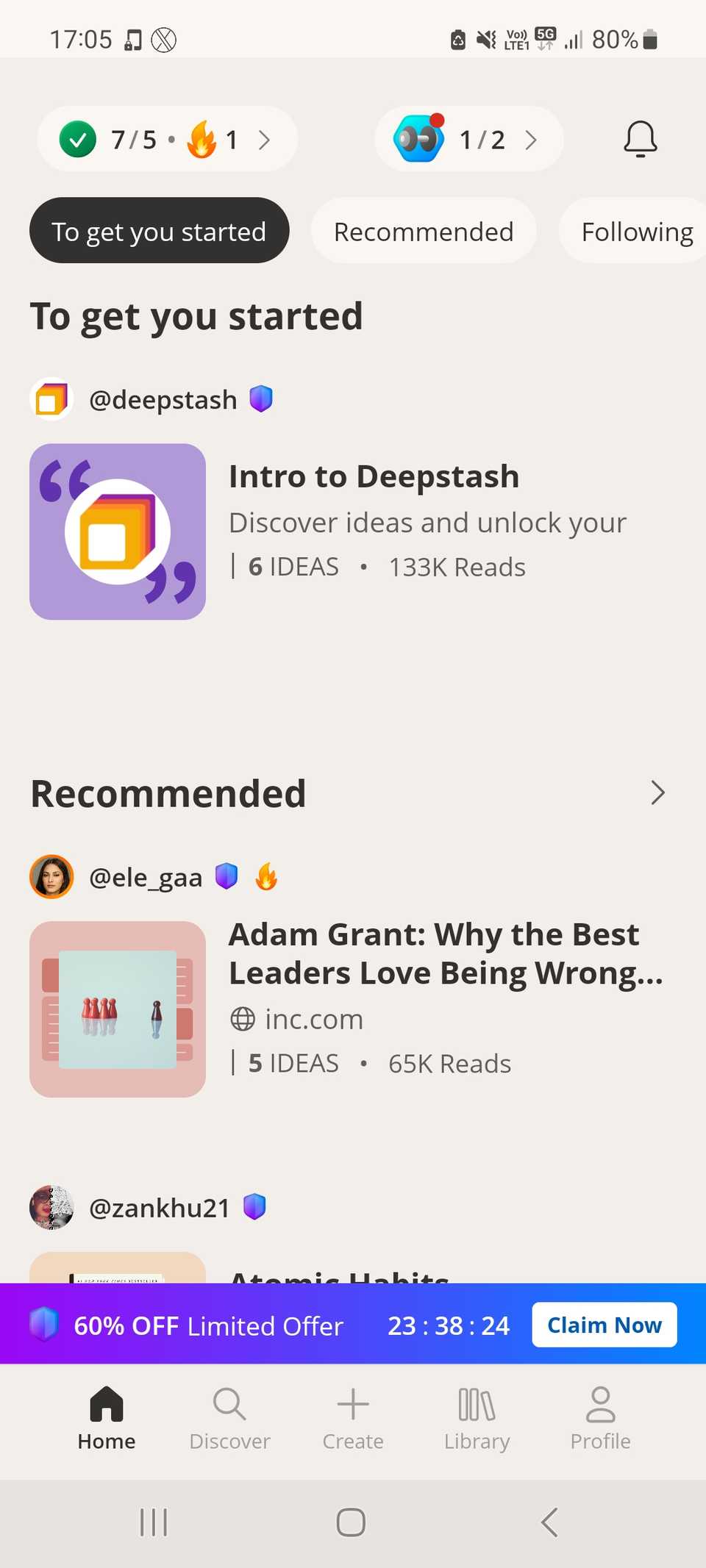 Deepstash feed of ideas on homepage