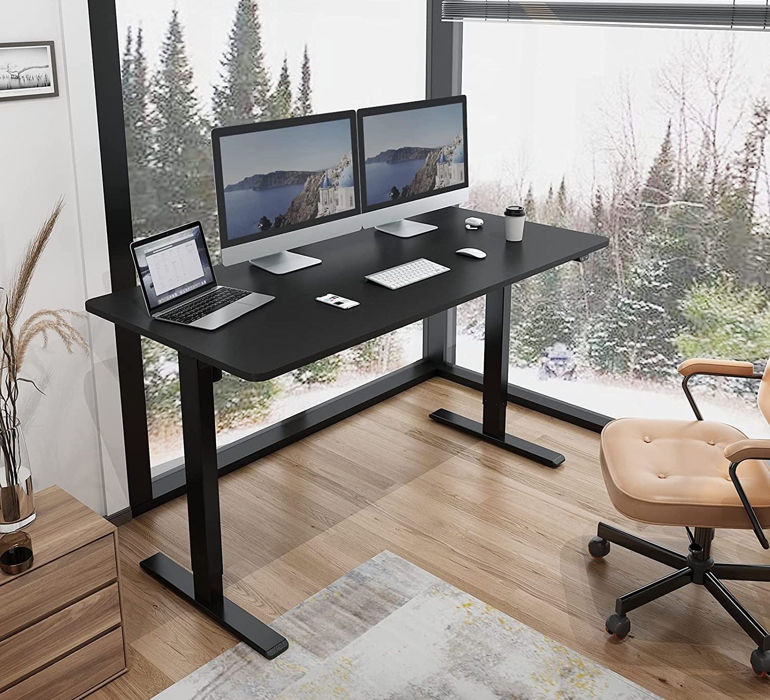 the flexisport ec1 essential electric standing desk in an office with large windows