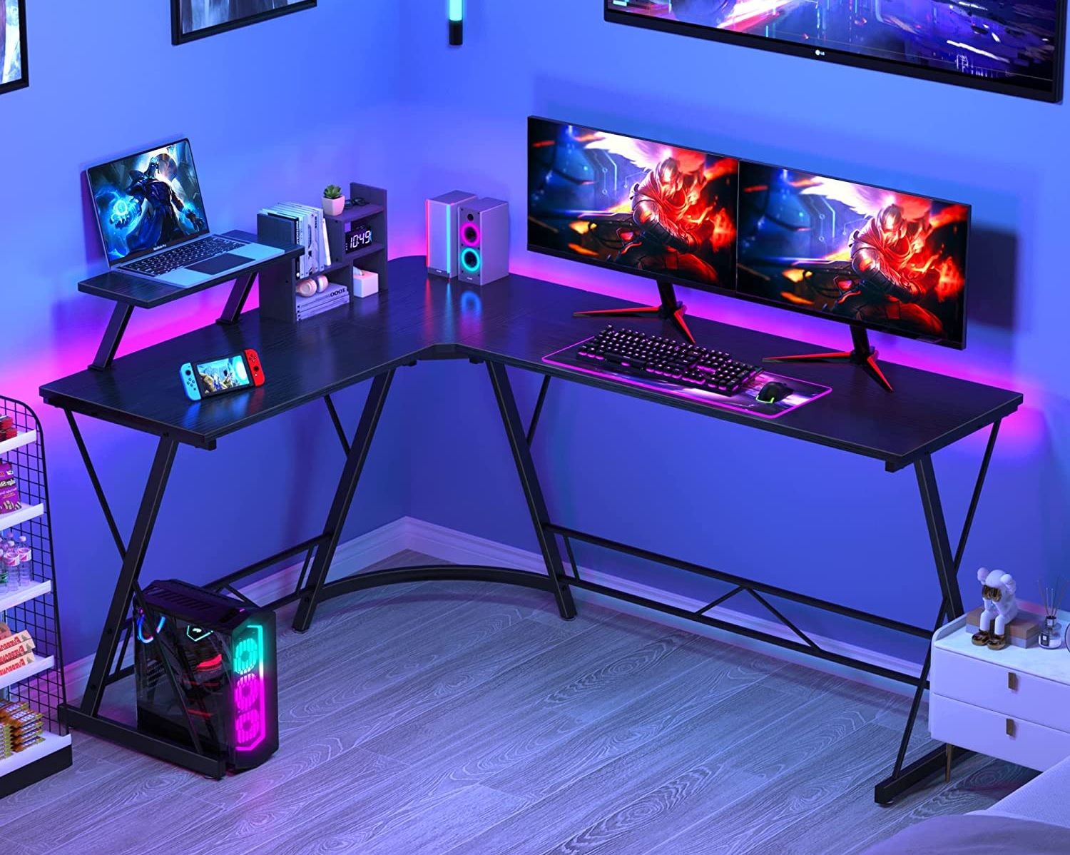the 63-inch mr ironstone l-shaped gaming desk located in a gaming room