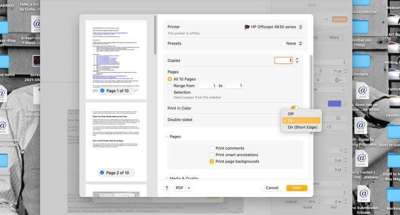Pages Print menu open on MacBook Pro with double-sided dropdown menu open