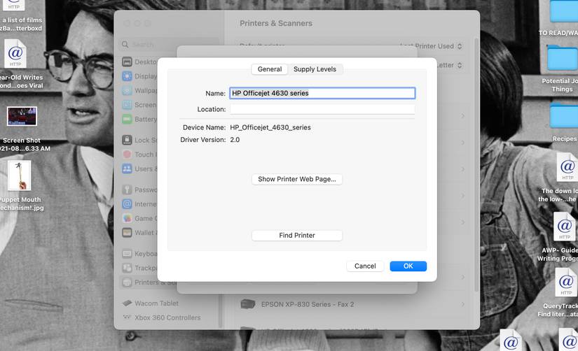 Options & Supplies window open Printers & Scanners settings within Mac System Settings