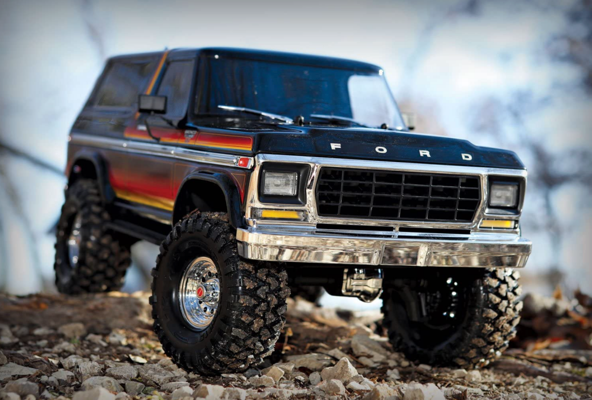 A Traxxas TRX-4 Ford Bronco cutting through gravel