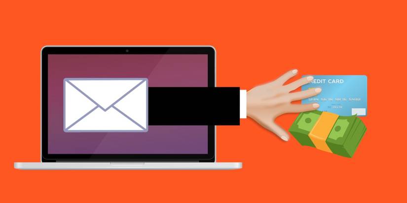 infographic of a hand coming out of an email envelope in the laptop to snatch credit card and money