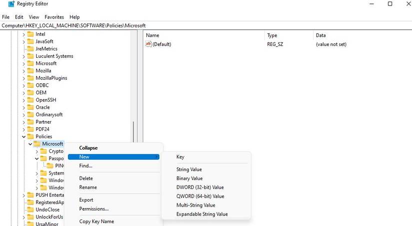 The New > Key options