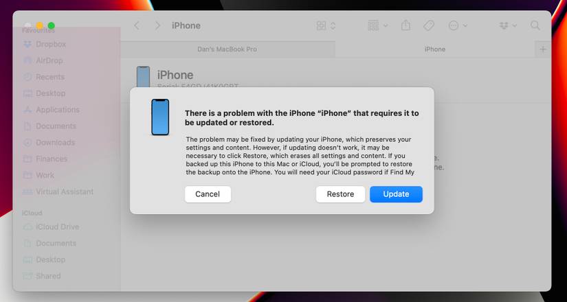 Restore option in Finder for iPhone