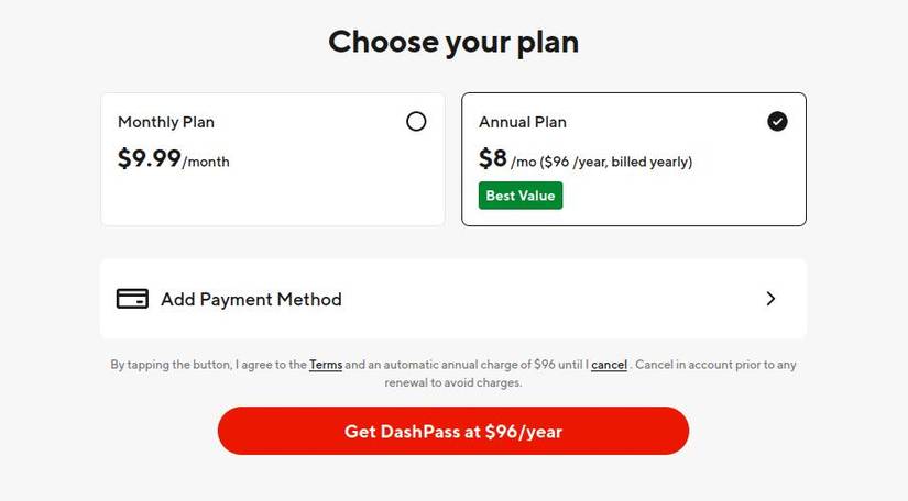 selecting a monthly or annual subscription plan on the doordash website