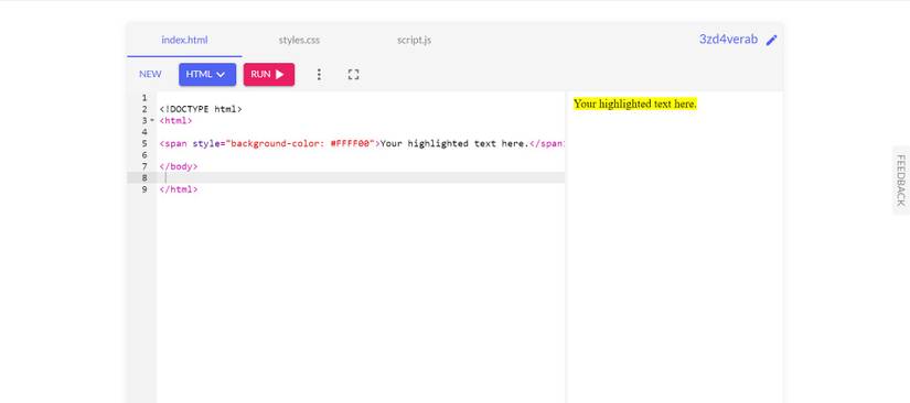 Online compiler code and output showing HTML usage