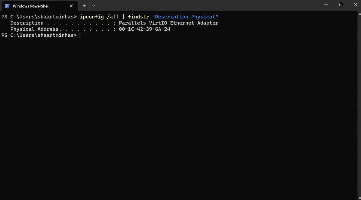 Вывод ipconfig с описанием адаптера и физическим адресом (MAC)