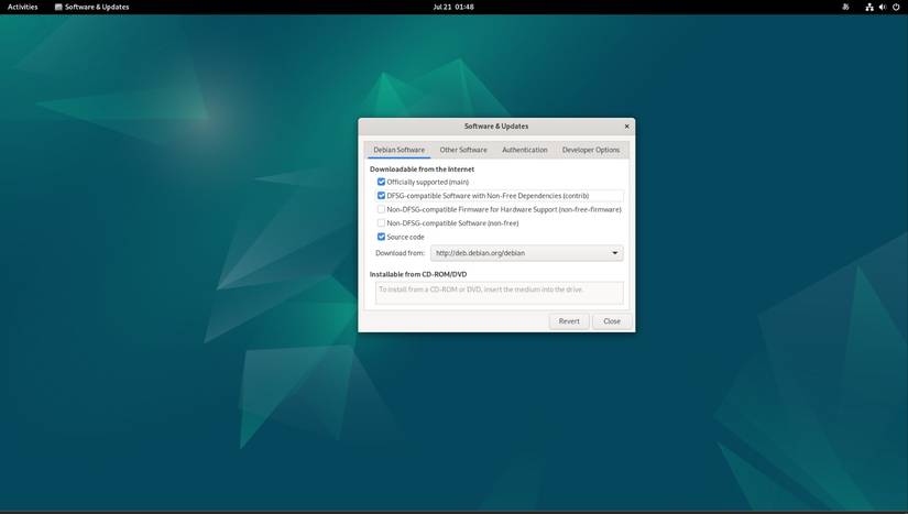 Open dialog box on Debian 12 showing software update options