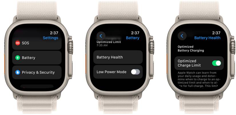 Apple Watch settings battery optimized charging toggle screenshot