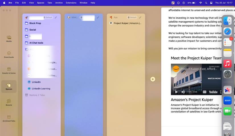 ArcBrowser screenshot of Profiles & Spaces