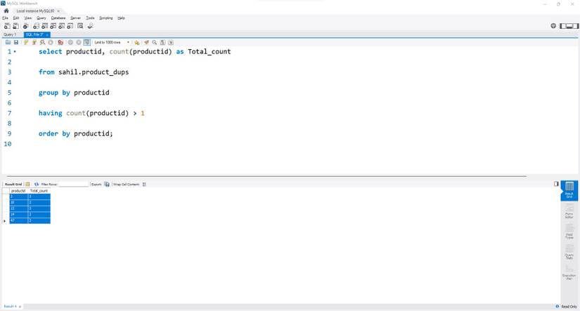 SQL code and output in MySQL interface
