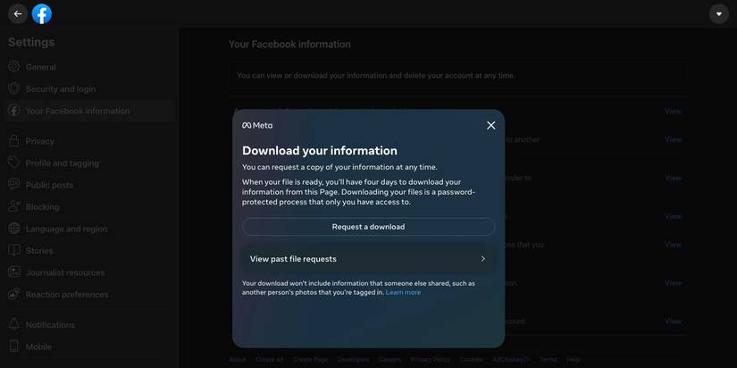 Download your information pop-up on Facebook web