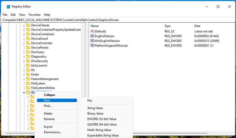The New > DWORD options 