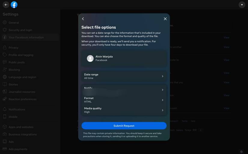 Facebook information download page