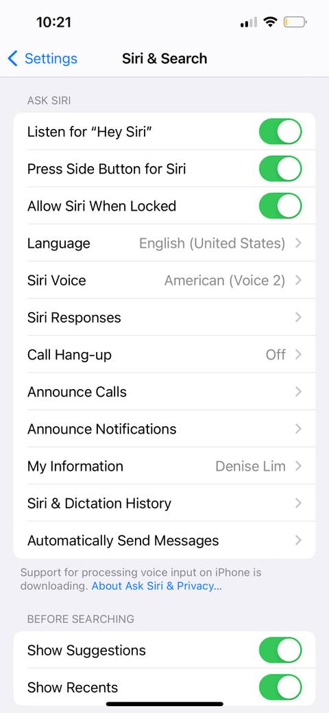 siri & search settings