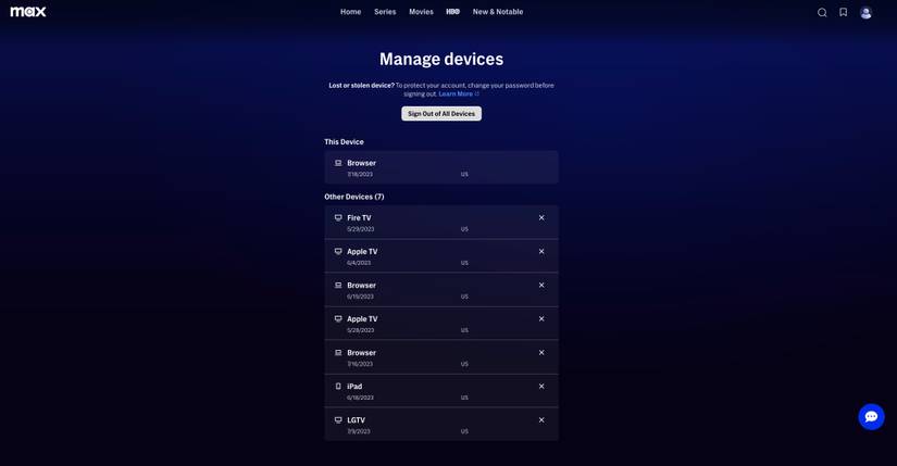 Max Devices Page with Manage Devices Options