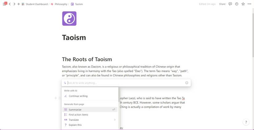 Notion AI assistance on Taoism Class Notes