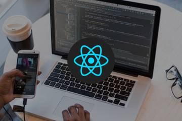 React Logo overlaying an image of someone using a laptop and a mobile phone
