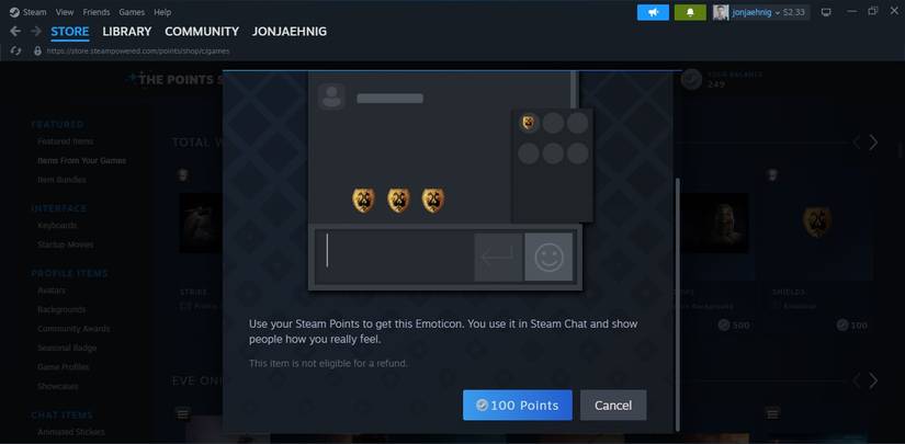 Previewing an item for sale on the Steam Points Shop