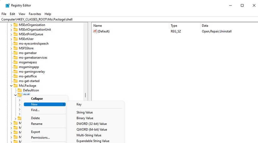 The New > Key options