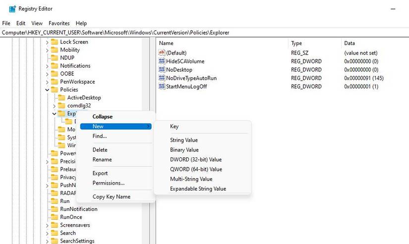 The New > DWORD options 