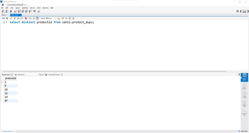 SQL code and output showing list of unique values in a single column