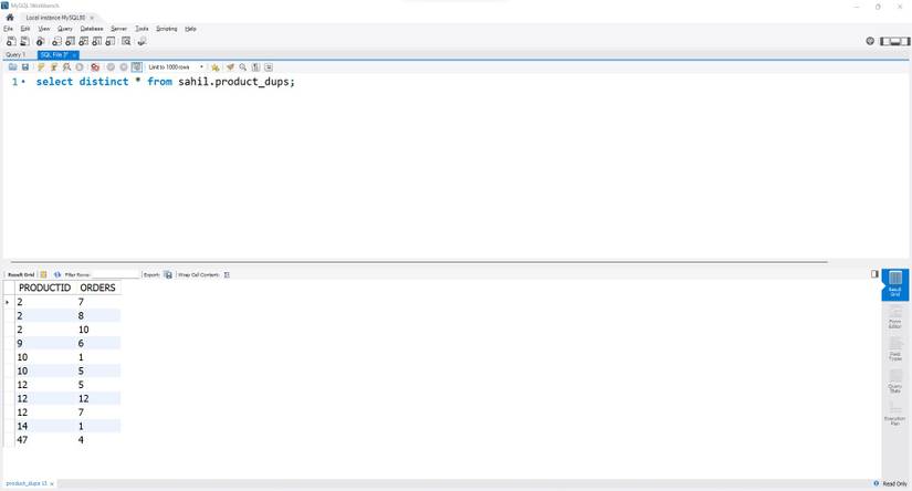SQL code and output showing a list of unique rows