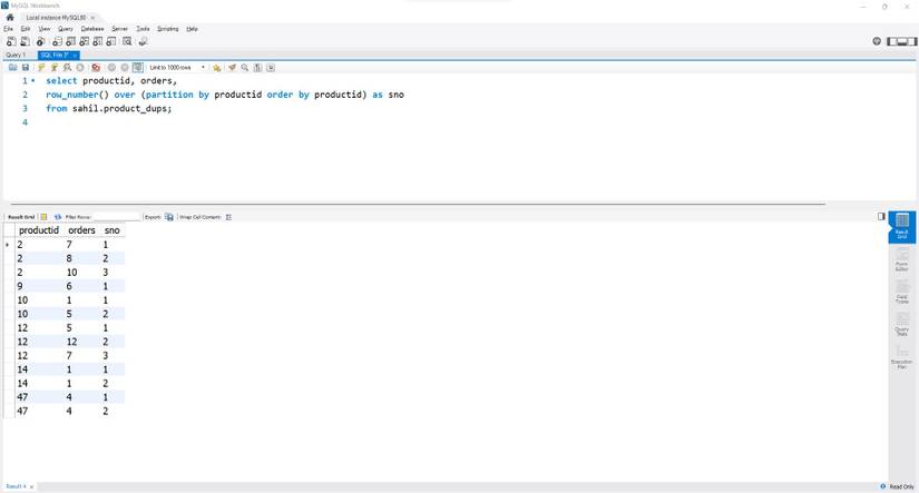 SQL code and output showing the use of the row_number function to flag duplicates