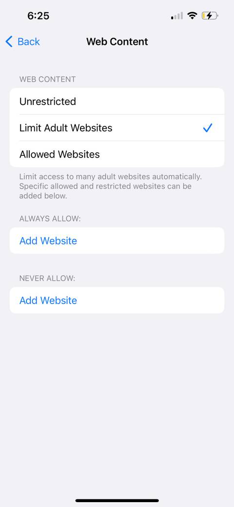 web content restriction setting in iphone