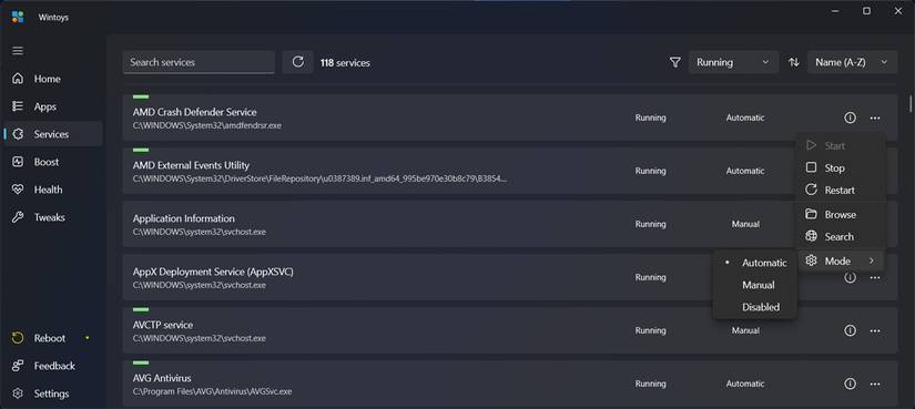 Manage Windows services with Wintoys