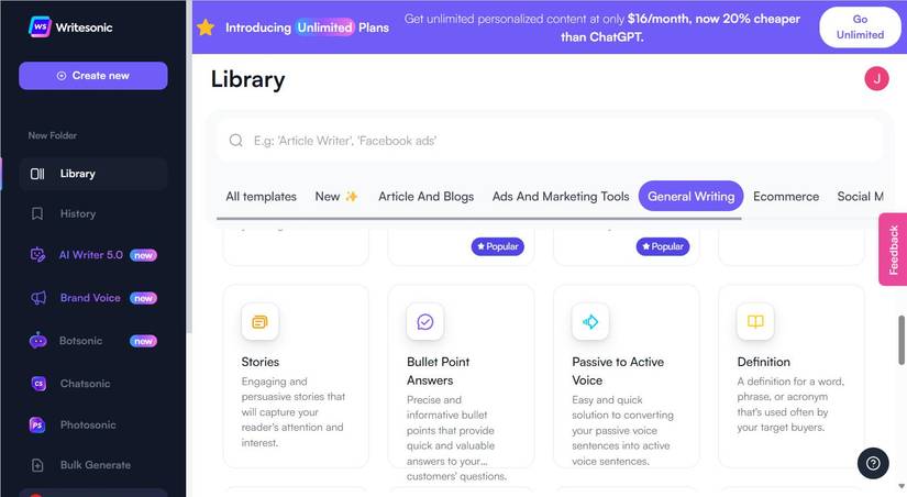 Writesonic General Writing options